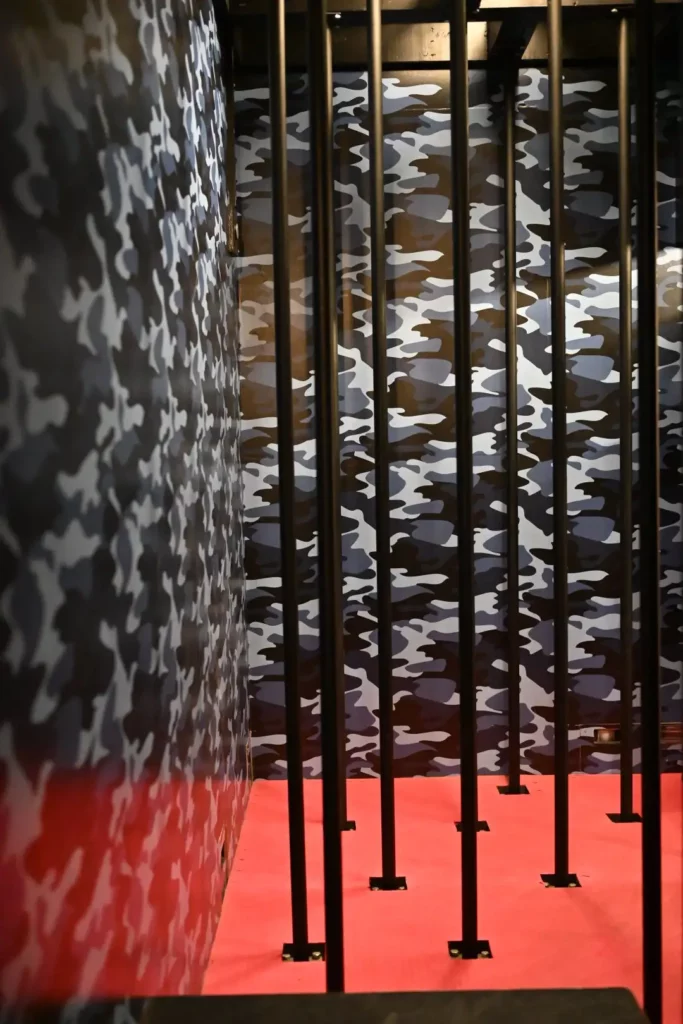 Bars with red floor and blue camouflage wallpaper