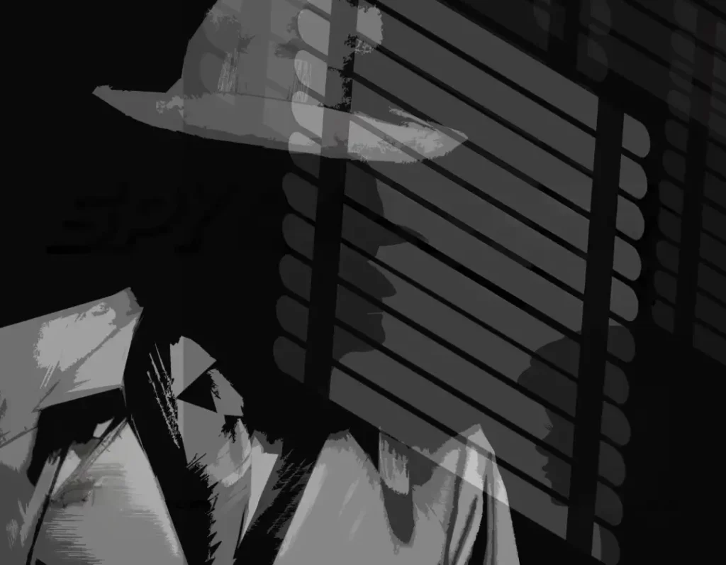 Black and whit drawing of a spy