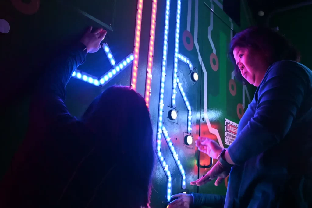 Red and blue lights on a wall